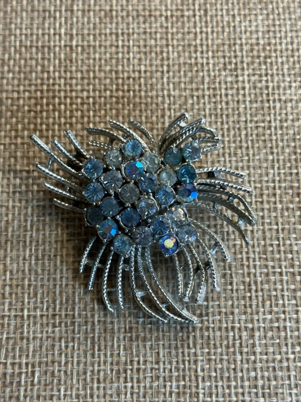 Vintage Coro Silver Tone‎ Blue Aurora Borealis Rhinestone Burst Brooch Pin MCM